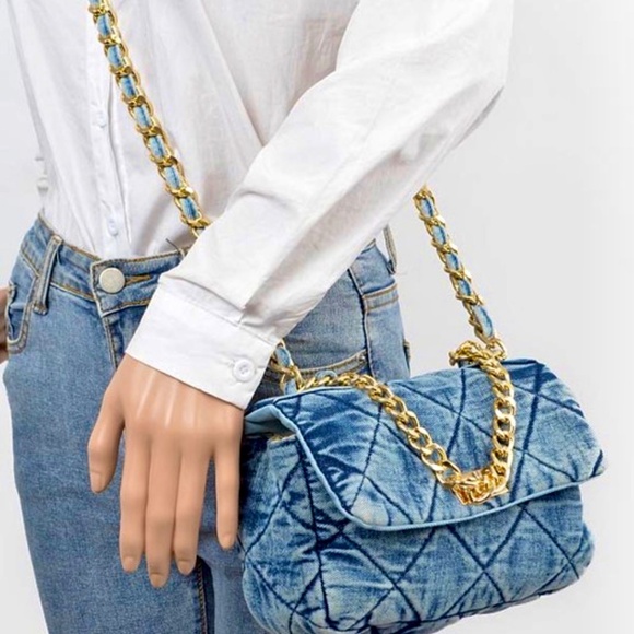 "Chic Quilted Washed Denim Flap Clutch Handbag - Stylish & Versatile!" - Picture 5 of 5